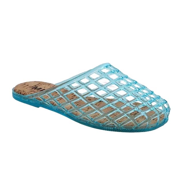 A blue plastic slip-on shoe with a lattice design.
