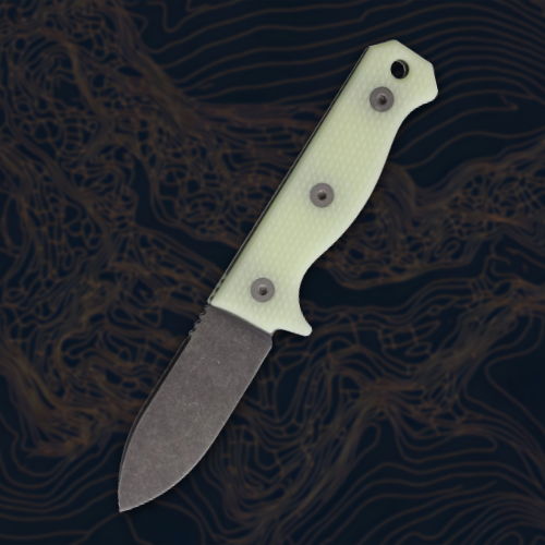 A folding knife with a green handle and a dark blade on a textured background.