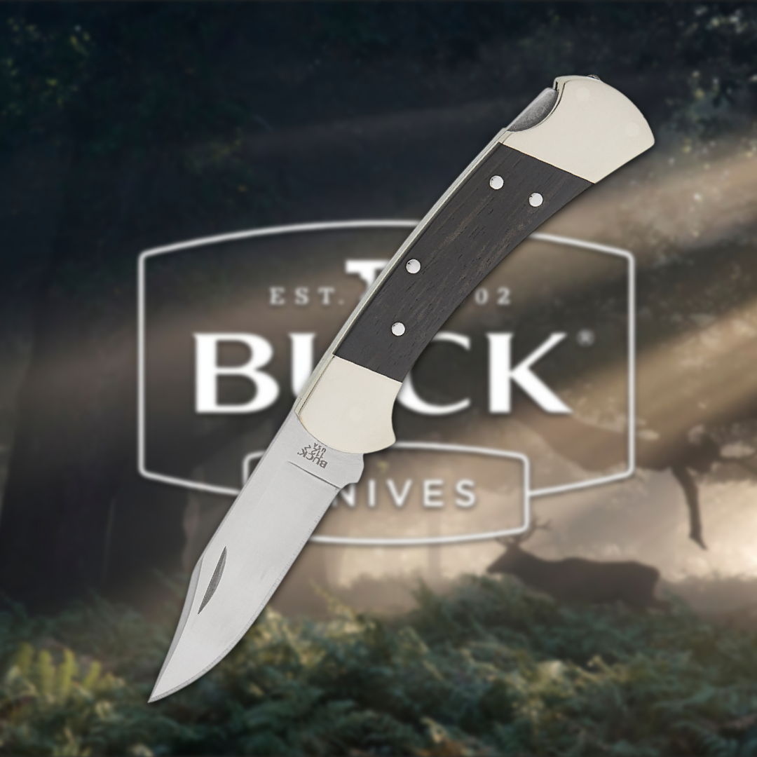 Buck knife against a blurred forest background with logo.