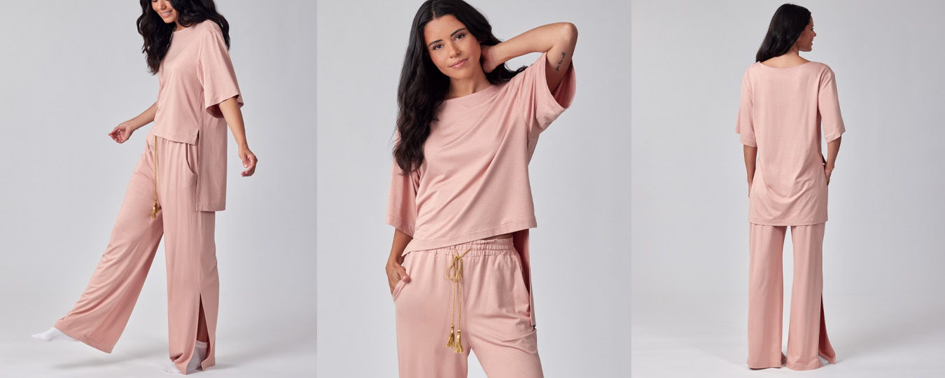 Model wearing a pink loungewear set, posing in three angles.