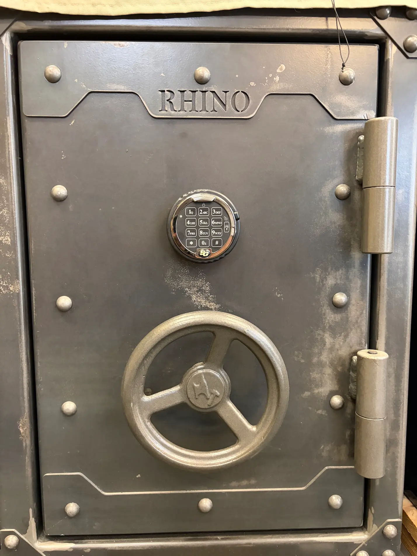 Rhino Strongbox RSB3022 safe exterior with round vault handle and locking bolts