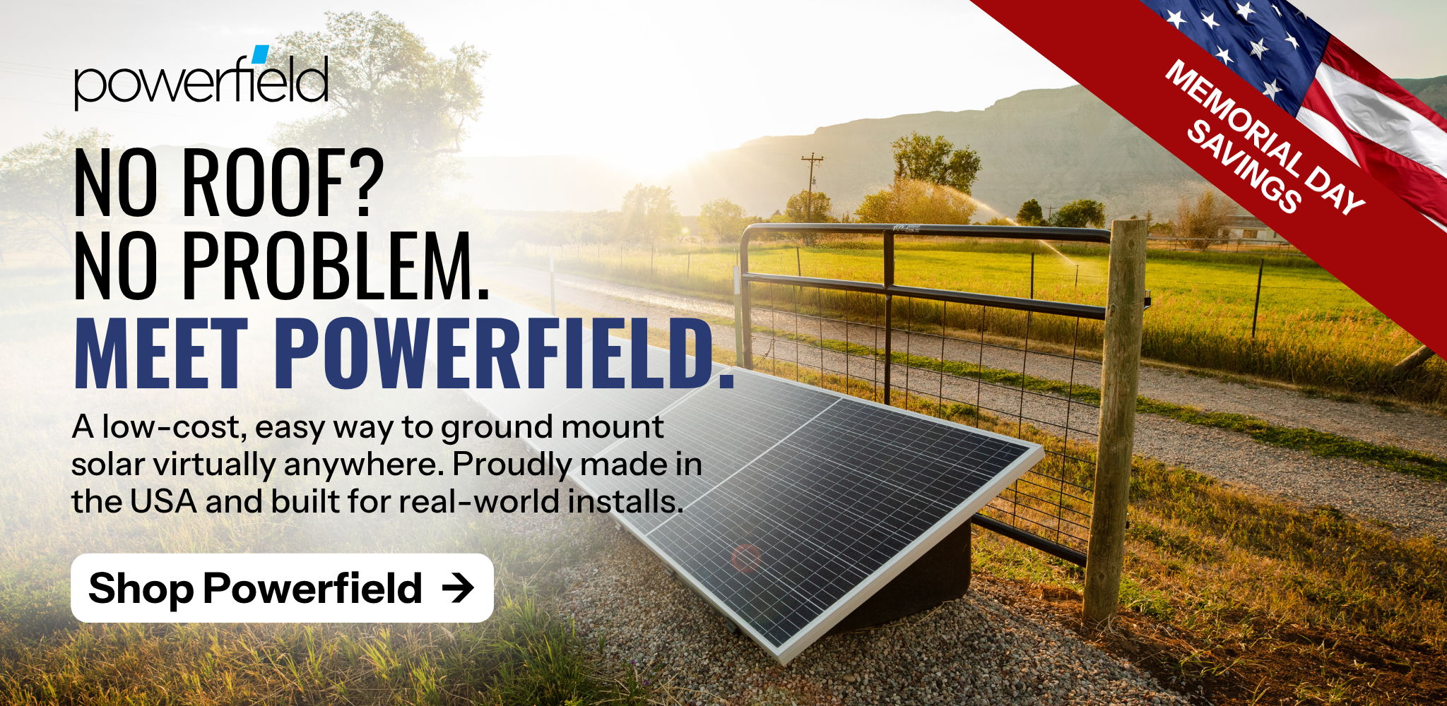 PowerField solar panel ground mount system with outdoor setting.
