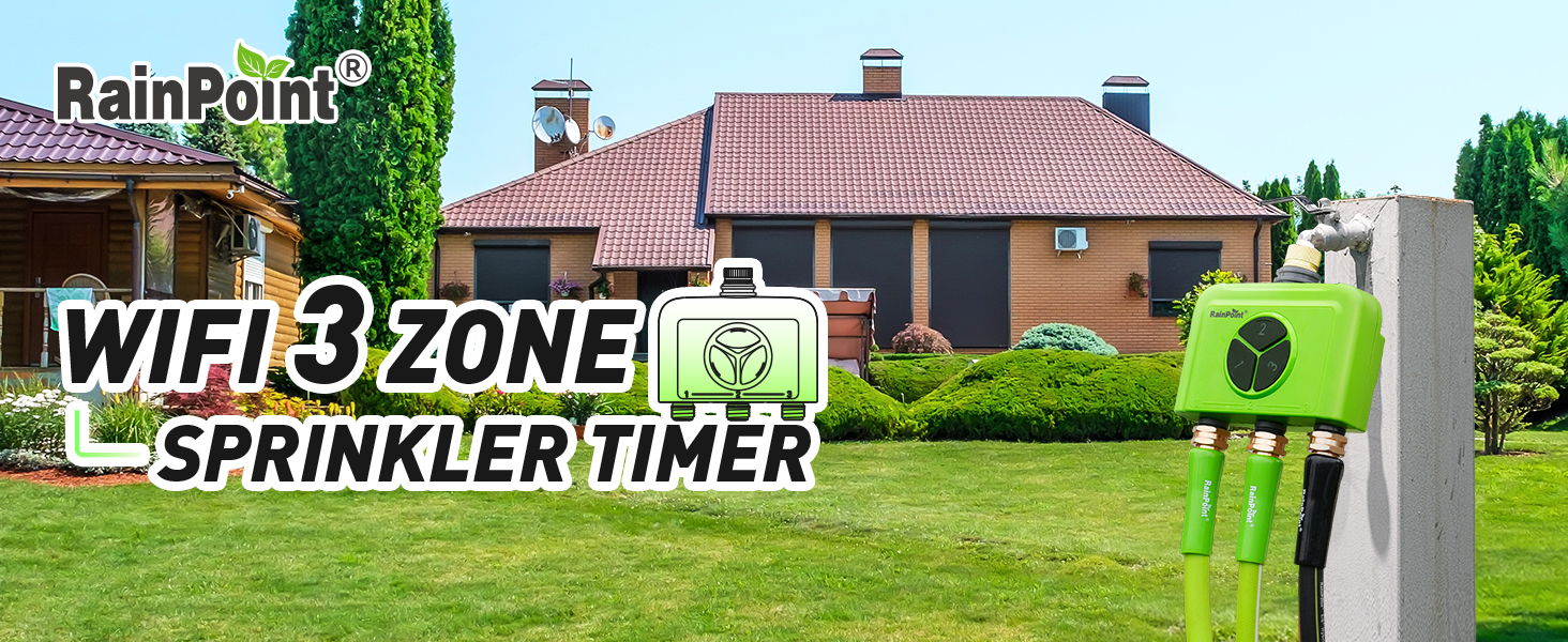 WiFi sprinkler timer for three zones with a house in the background.