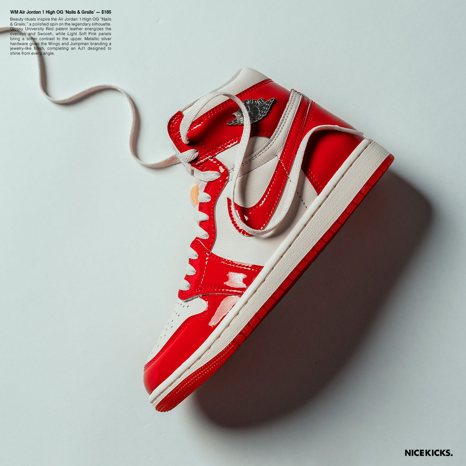 Red and white high-top sneaker on a plain background.