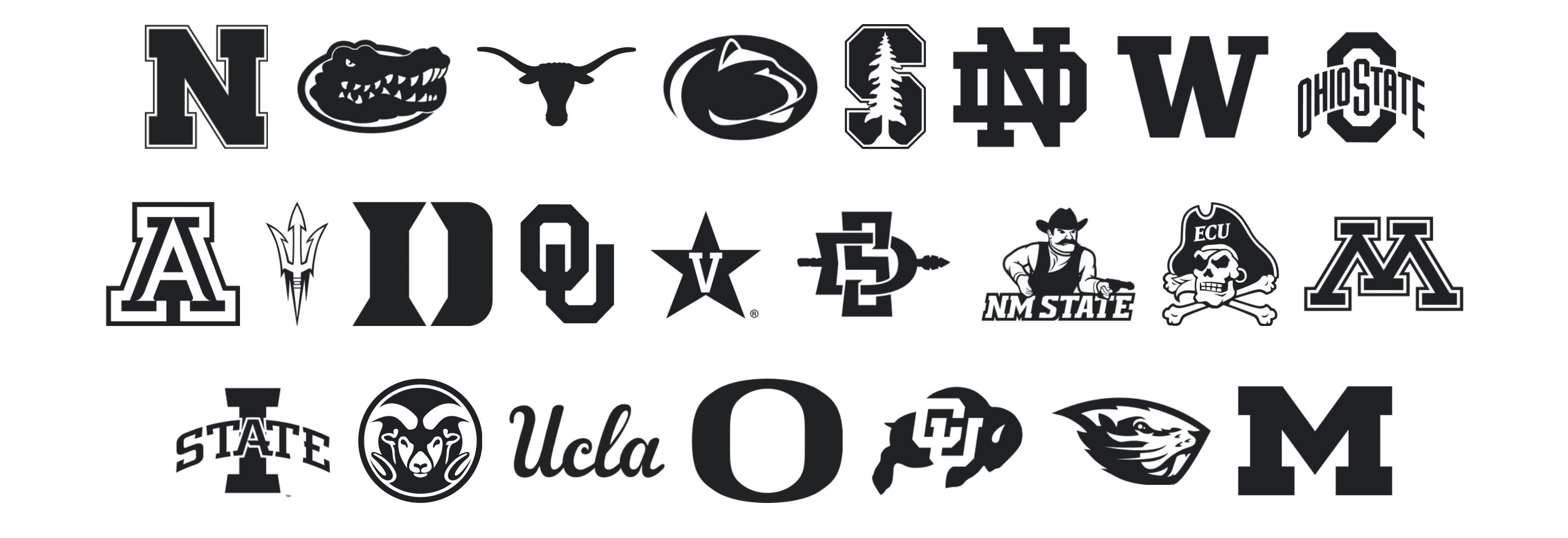 Logos of various college sports teams in black and white.