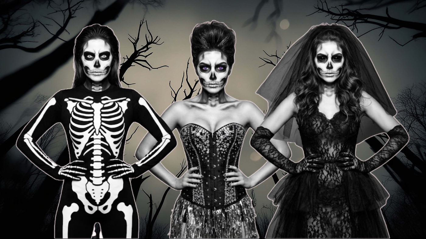 Three skeleton cosplayers in detailed skull makeup and костumes, showcasing gothic, glam, and classic skeleton cosplay styles