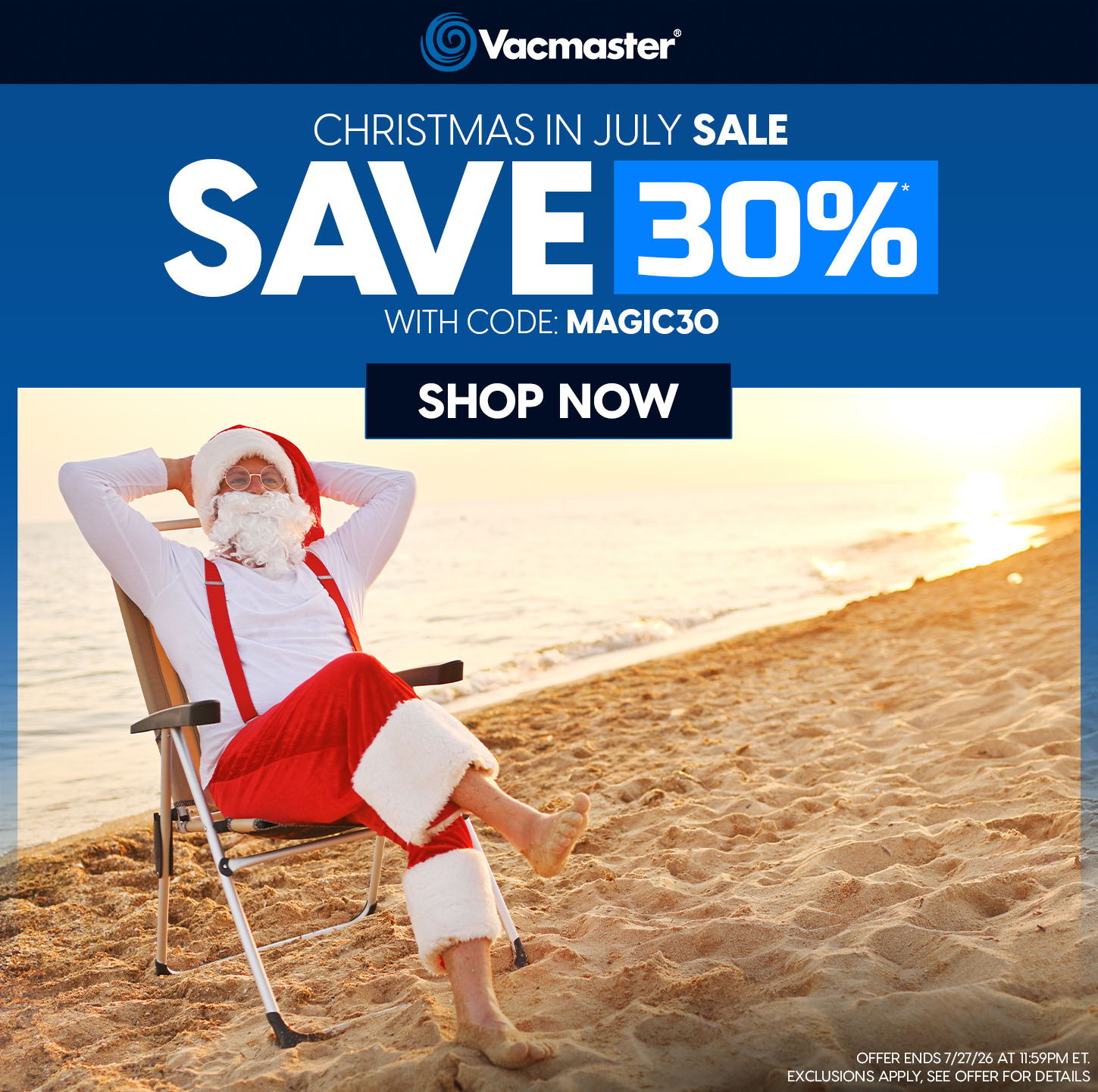 Santa relaxing on a beach chair promoting a Christmas in July sale.