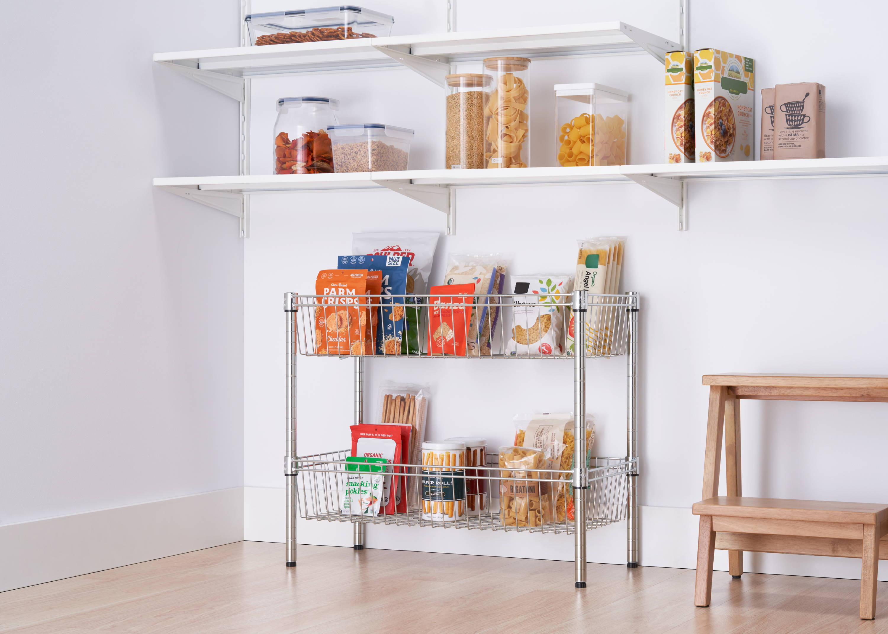 2-tier shelves with groceries on shelves