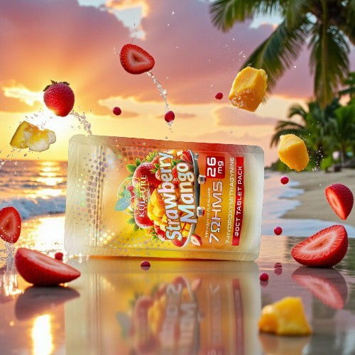 Strawberry and mango product in a tropical beach setting at sunset.