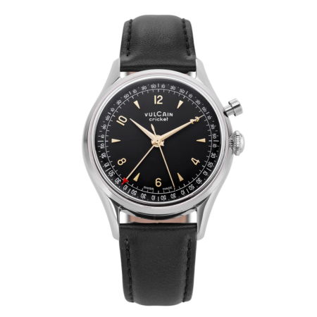Black leather strap watch with a round black dial and silver accents.