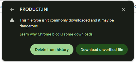 Browser download warning for product.ini &mdash; select Download unverified file to continue