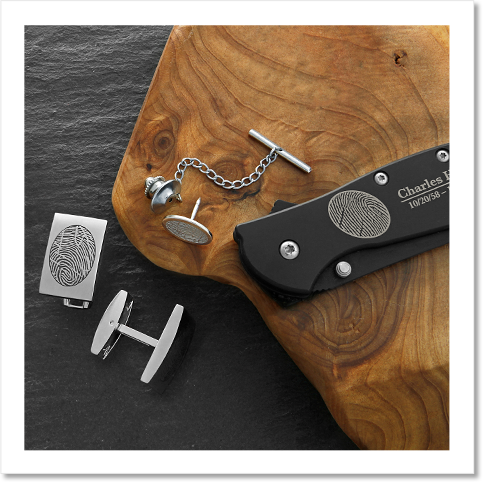 cufflinks, tie tack, and Kershaw pocket knife with a fingerprint