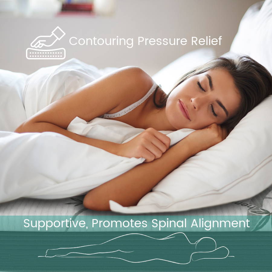 A woman laying her head on a CBD pillow with contouring pressure relief that is supportive and promotes spinal alignment.