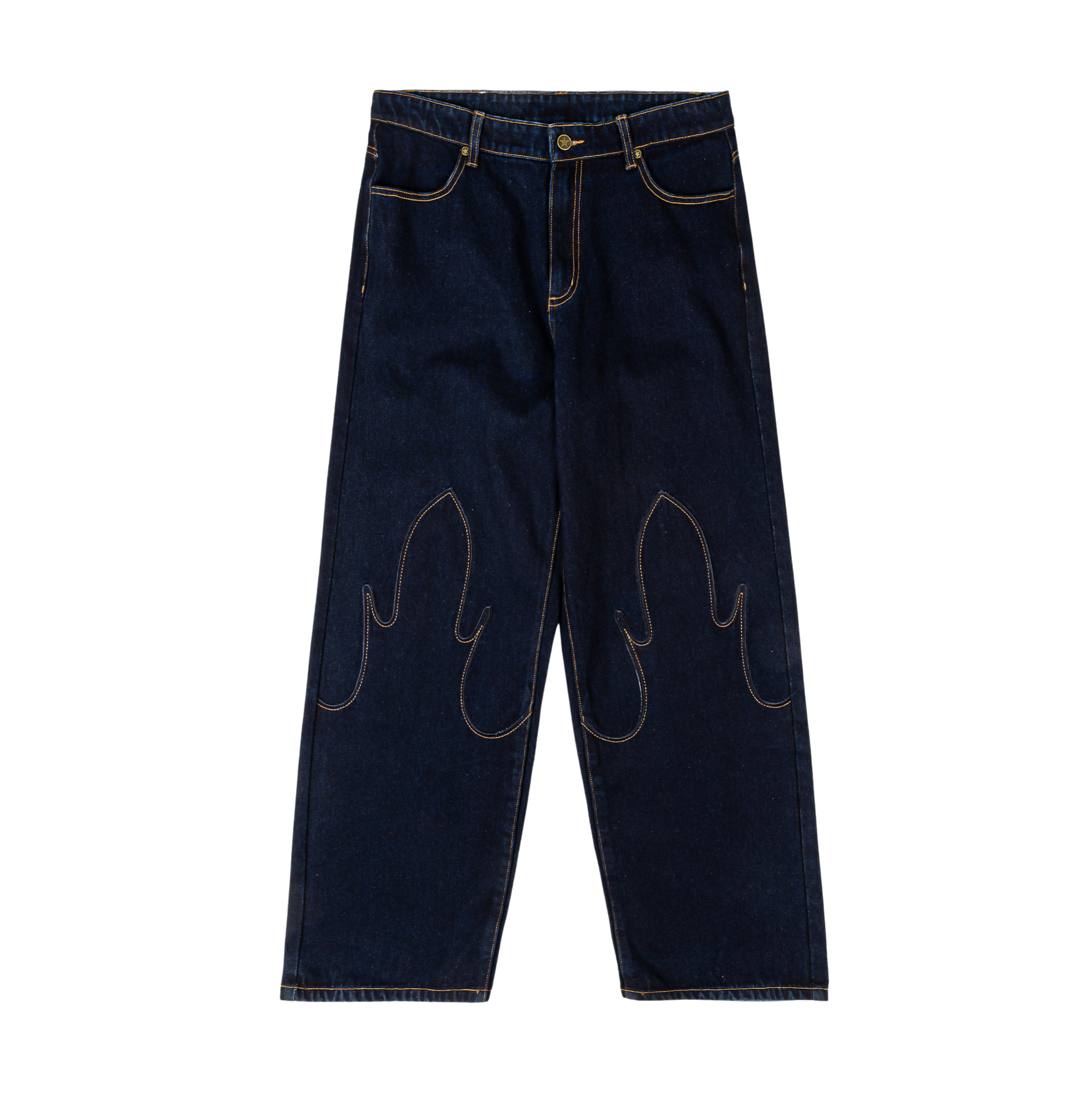 Dark blue jeans with unique decorative stitching at the bottom.