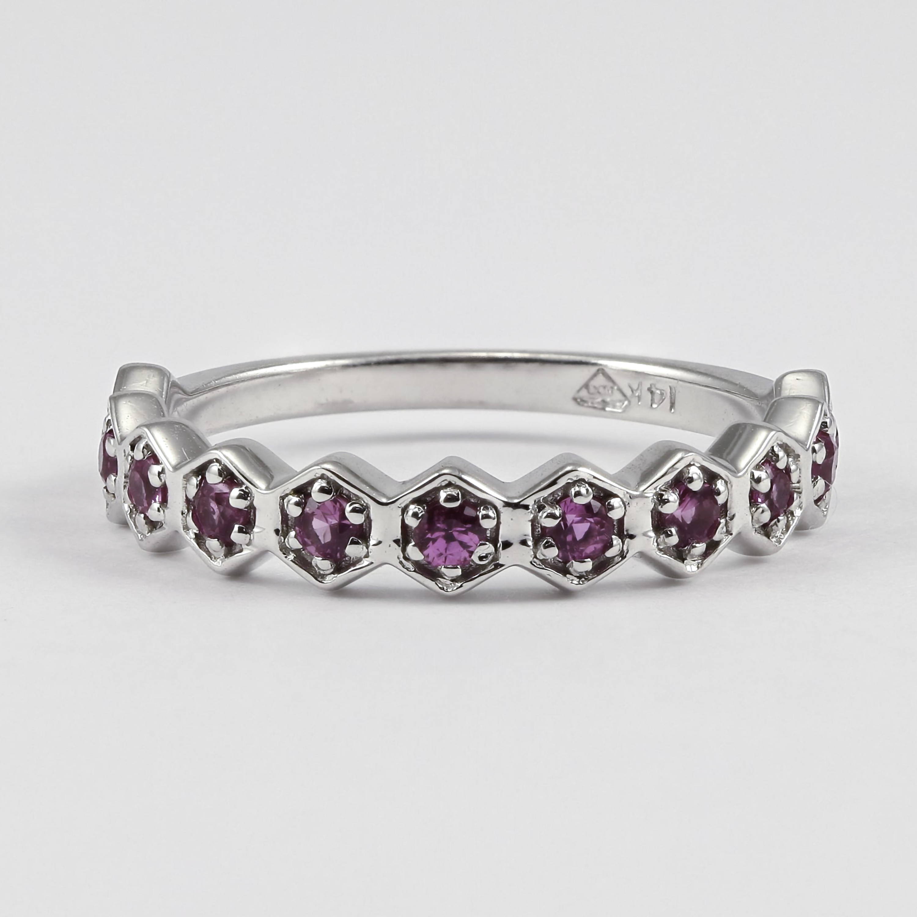 pink sapphire hexagonal stacking ring in white gold