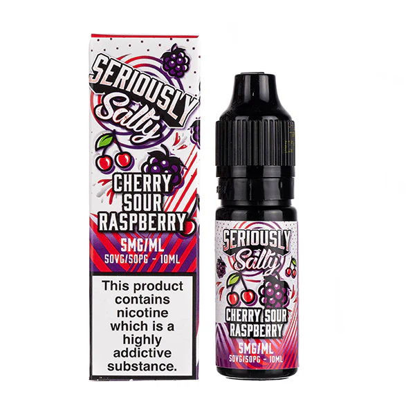 Bottle of cherry sour raspberry vape liquid with warning label.