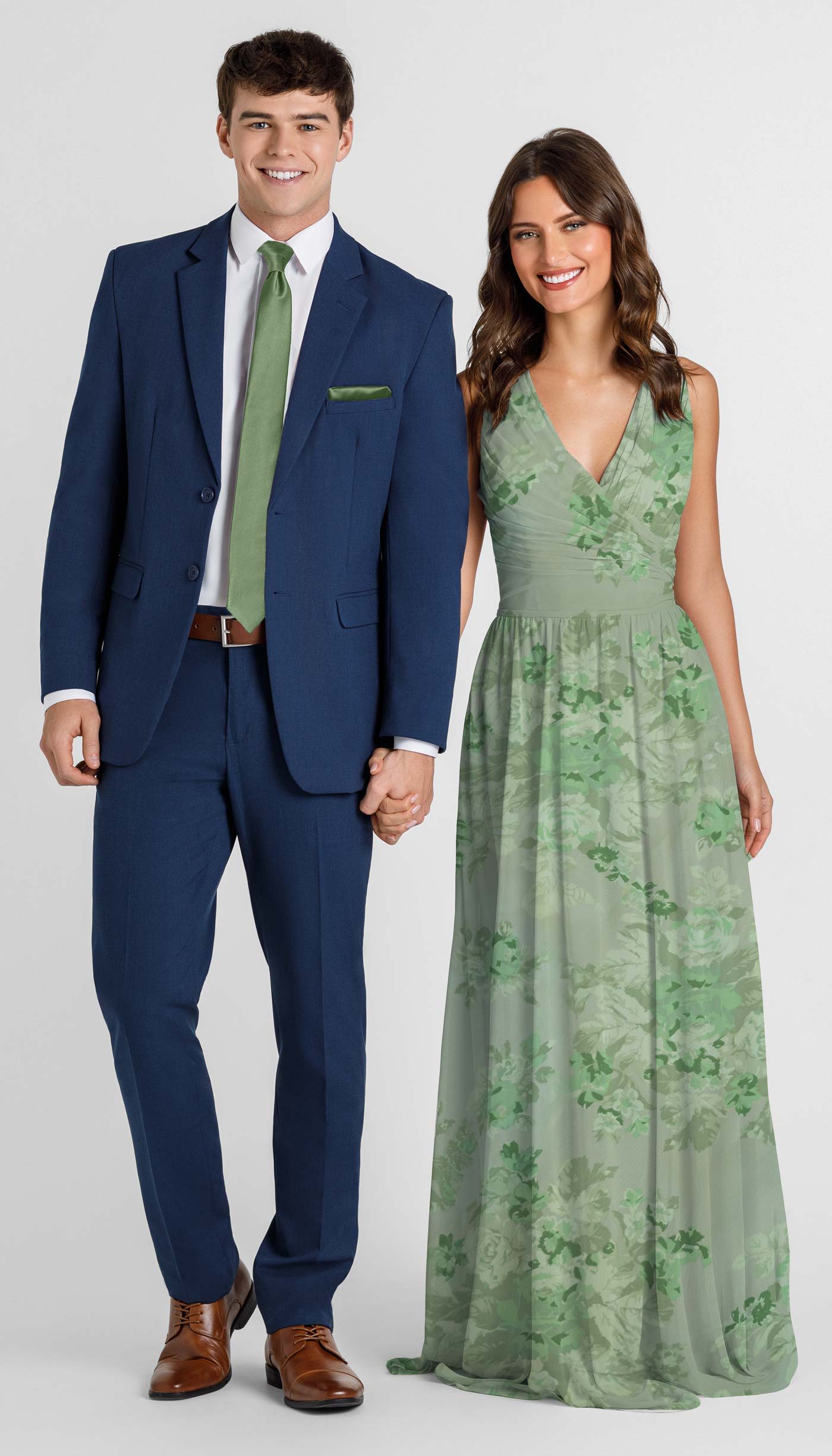 Navy Suit + Green Floral Bridesmaid Dress