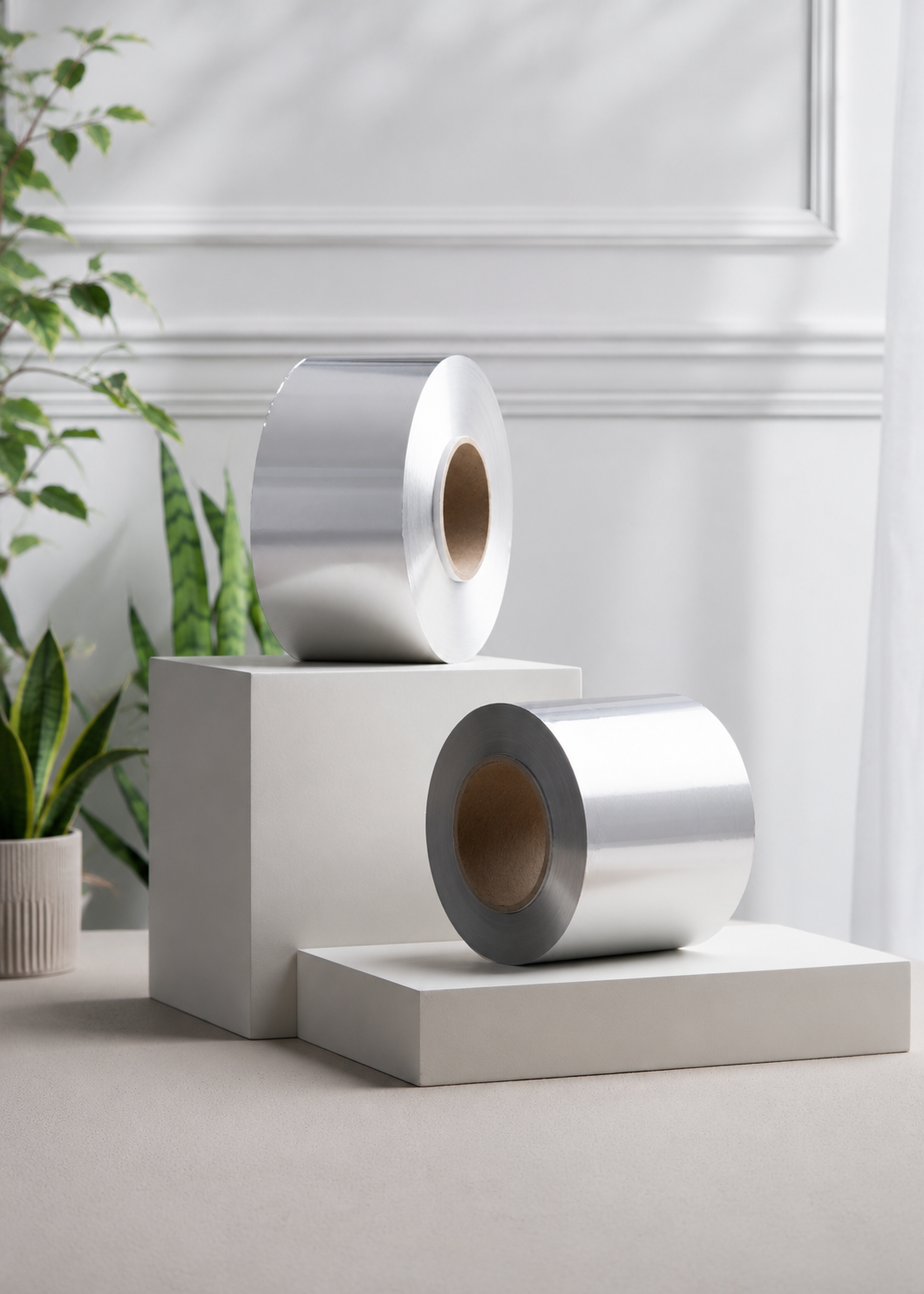 Two rolls of silver tape on white blocks with plants in the background.