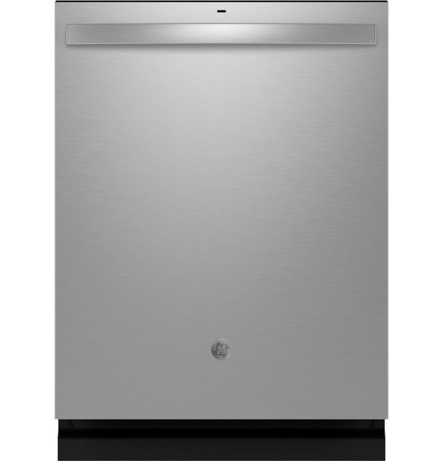 A stainless steel dishwasher with a sleek front panel.