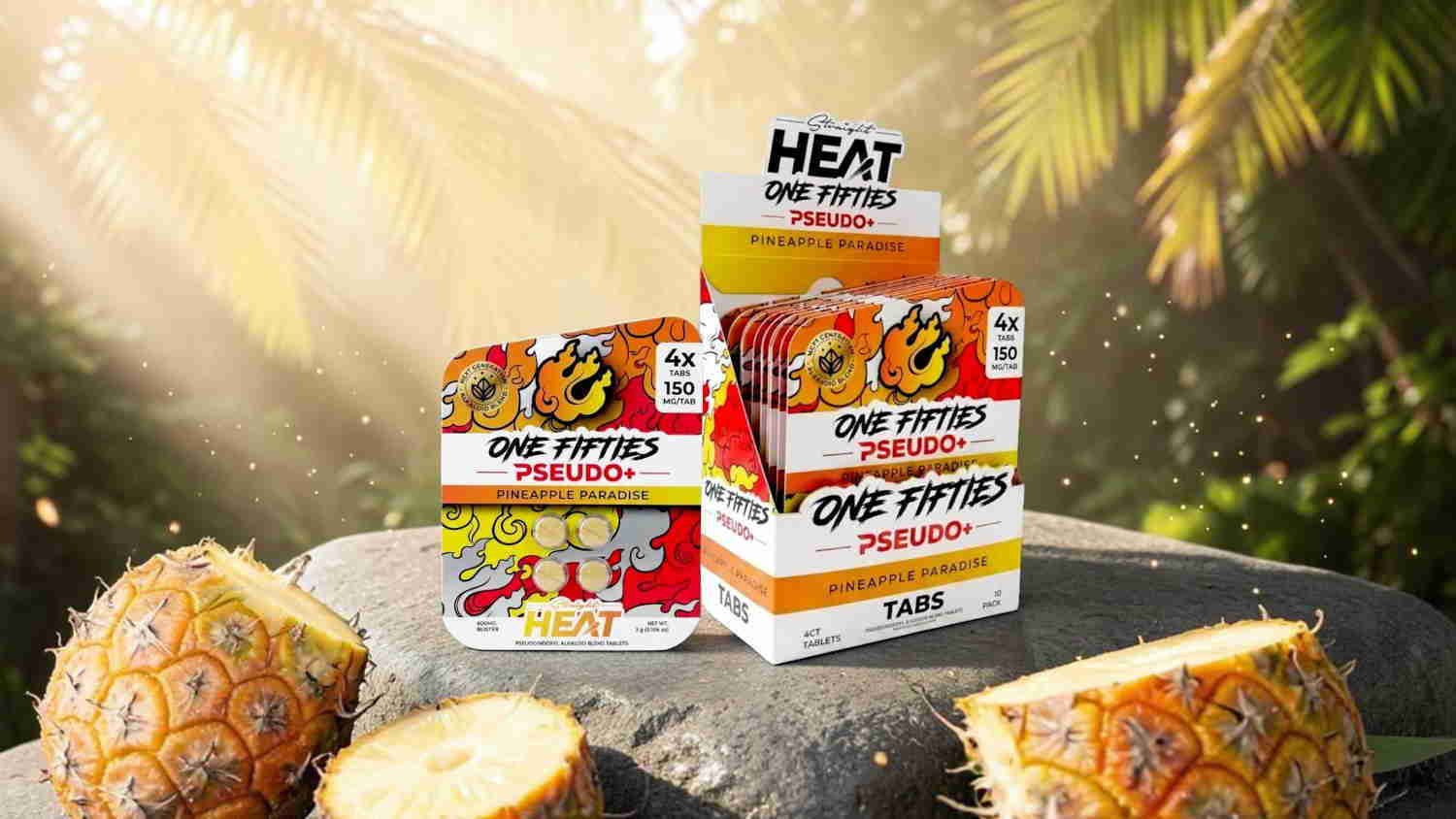 Boxes of spicy snacks with pineapple in a tropical setting.