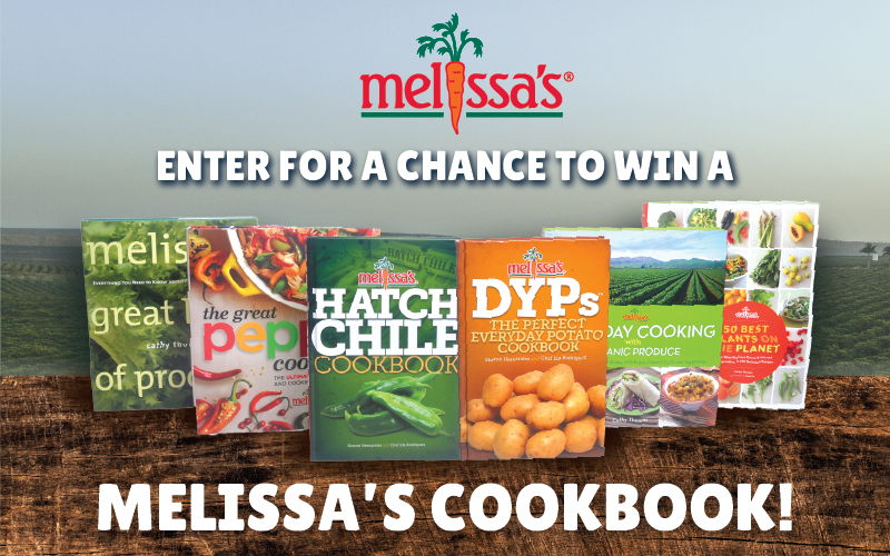 Promotional graphic for winning Melissa's Cookbook with various recipe book covers.