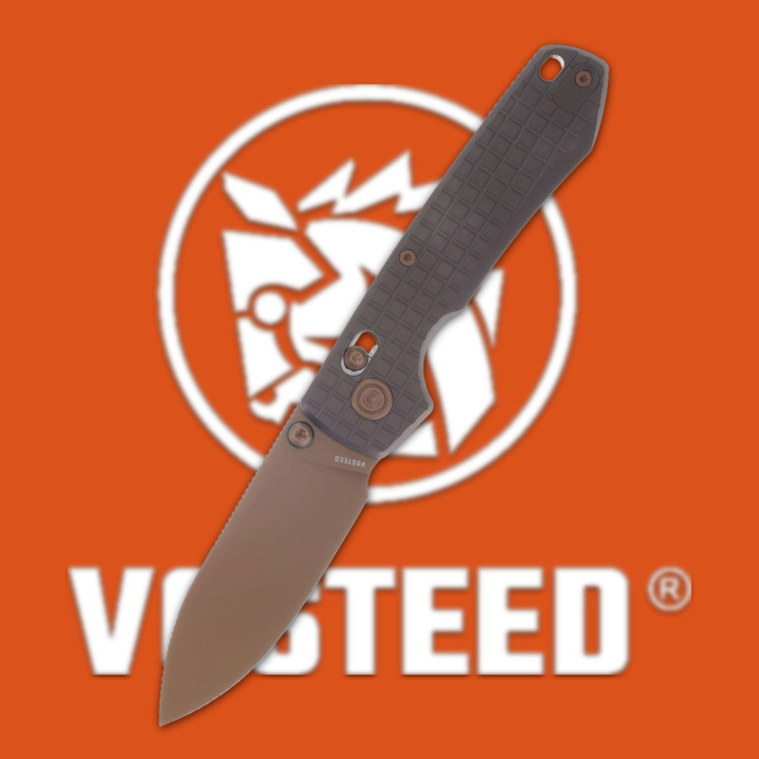 A folding knife on an orange background with a logo.