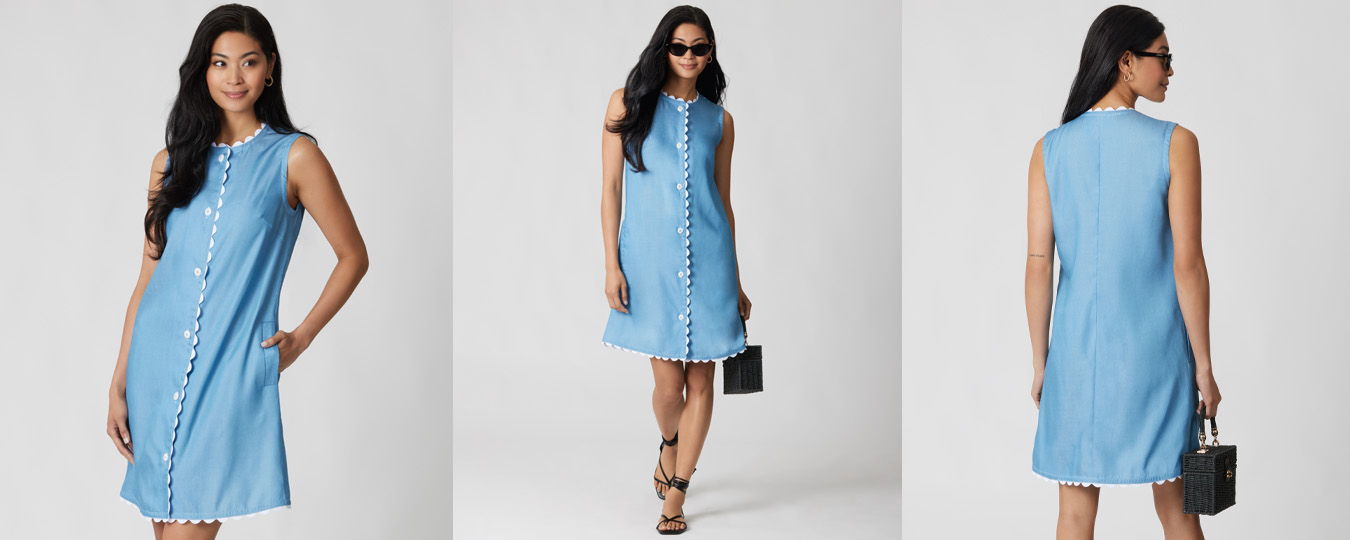 Woman in a blue dress, posing from multiple angles.