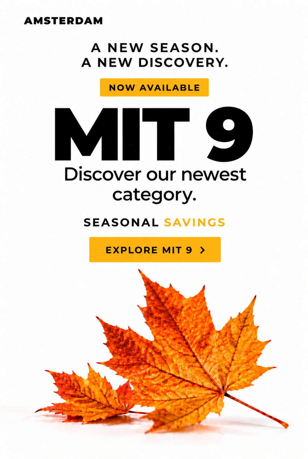 Promotional image for MIT 9 with seasonal savings and autumn leaf.