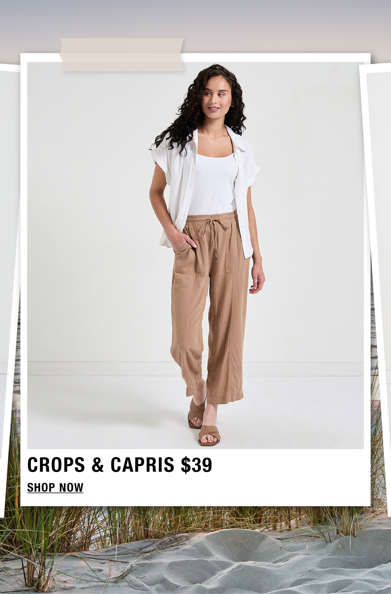 Model wearing casual outfit with text promoting crops and capris for $39.