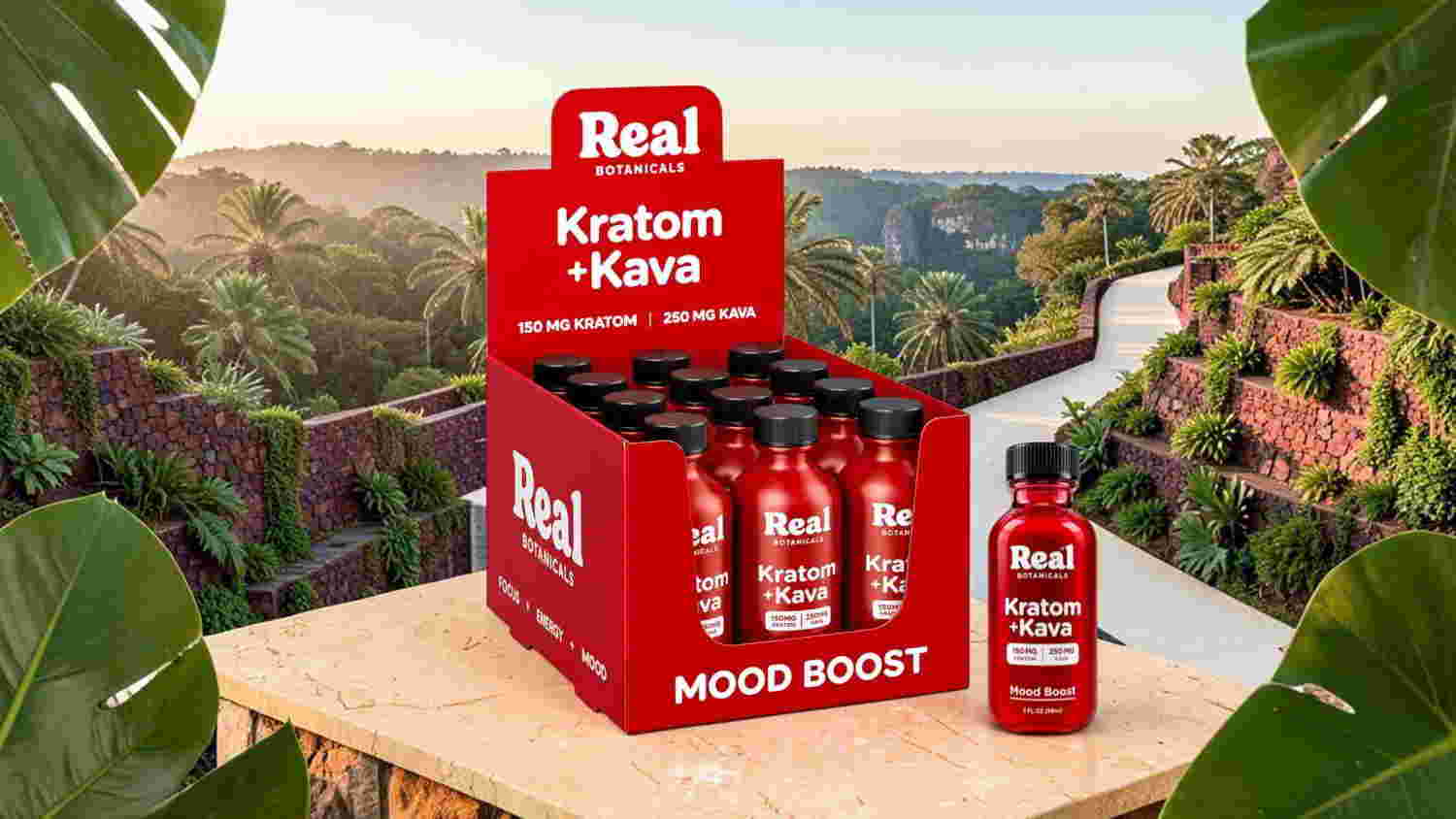 Display of Real Kratom + Kava beverages in scenic outdoor setting.