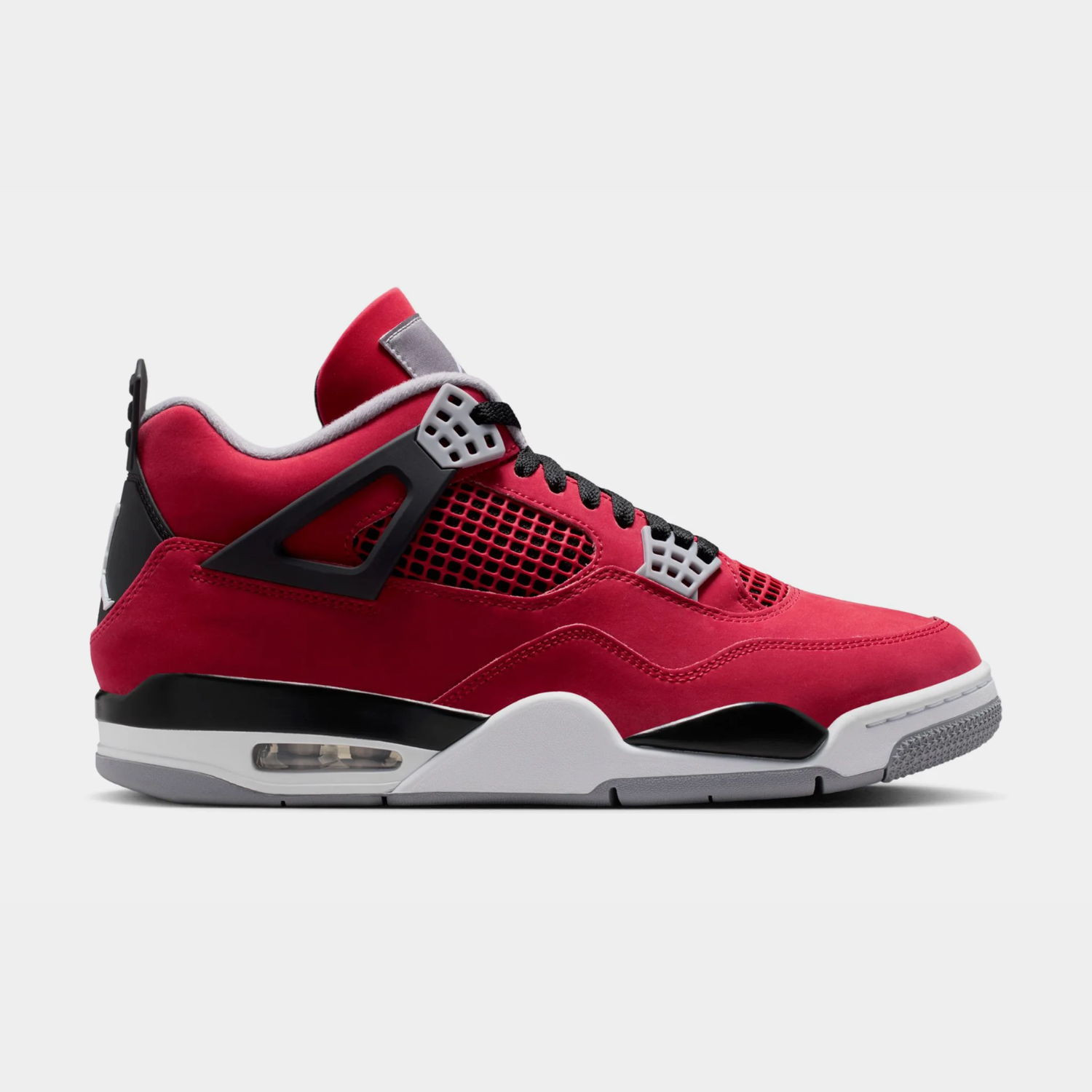 Red and black sneaker with mesh details and white sole.