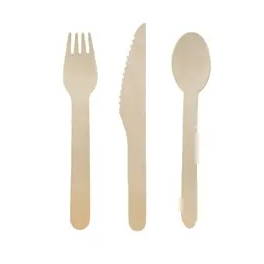A wooden fork, knife, and spoon