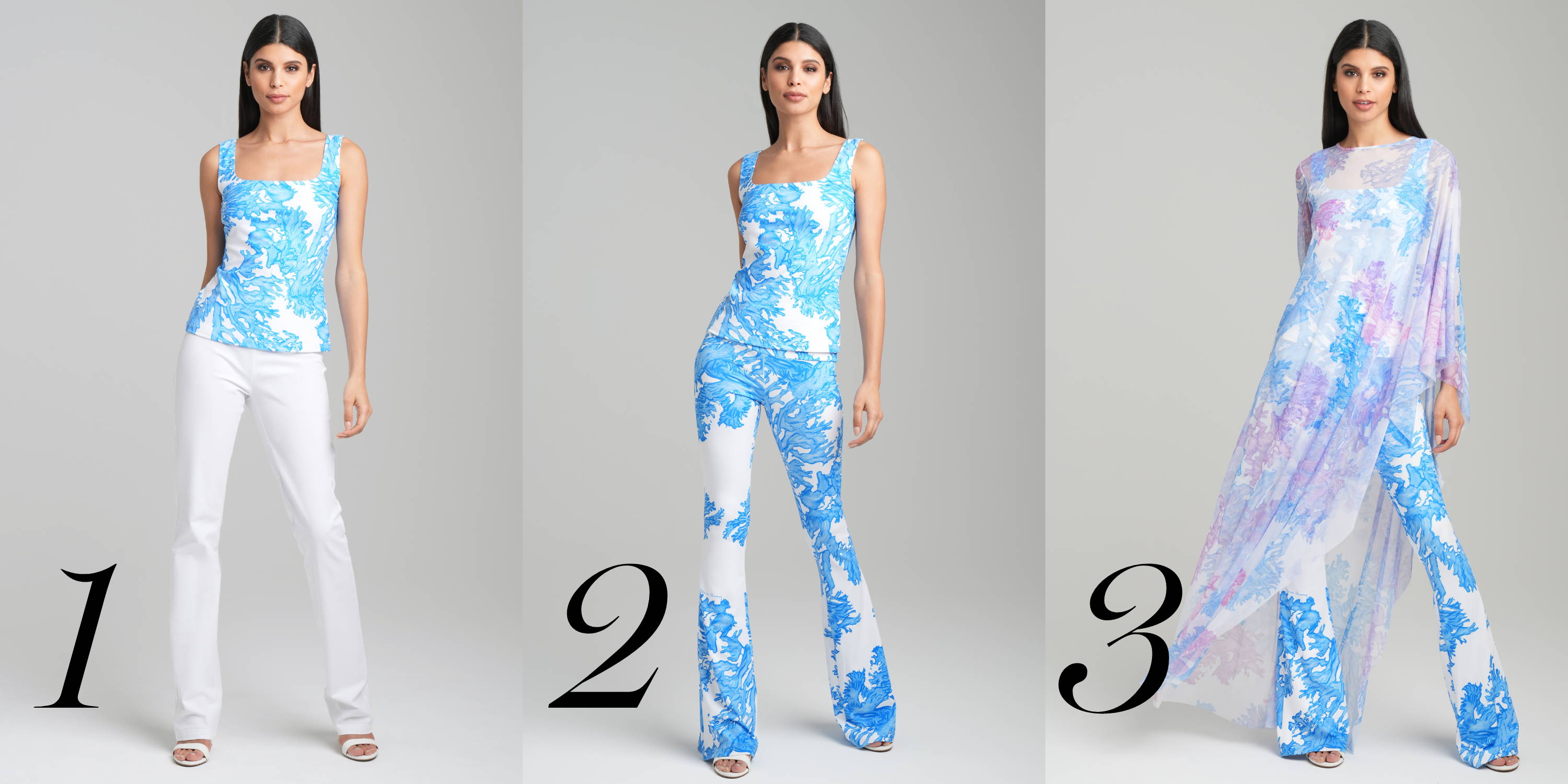 Woman building a 3 piece outfit by starting with a stretch knit tank top in a blue coral printed with matching pants and then a mesh cover up on top by Ala von Auersperg