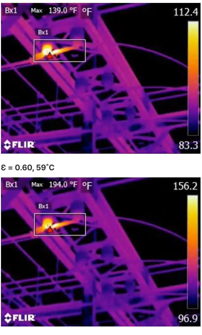 Thermal images demonstrating how different emissivity settings can significantly change temperature readings