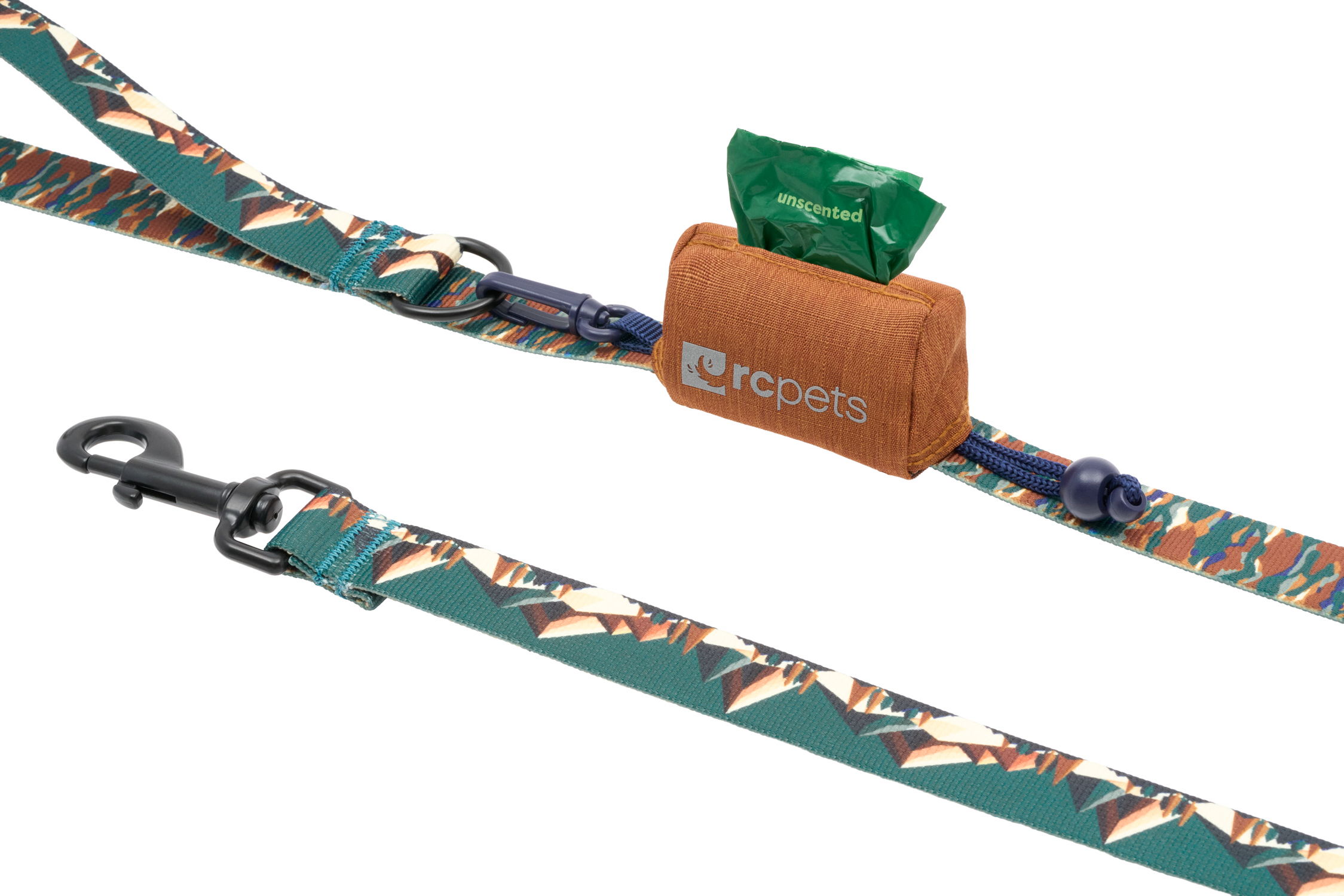 Dog leash with waste bag holder and decorative pattern.