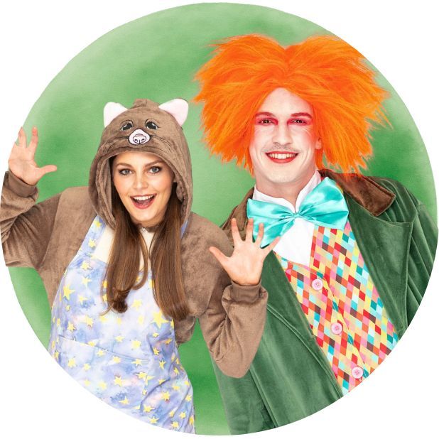 A green circle with two teacher book week costumes. Our Magical Possum and Maddest Hatter Adult Costumes. Click to shop all Teacher Book Week Costumes.
