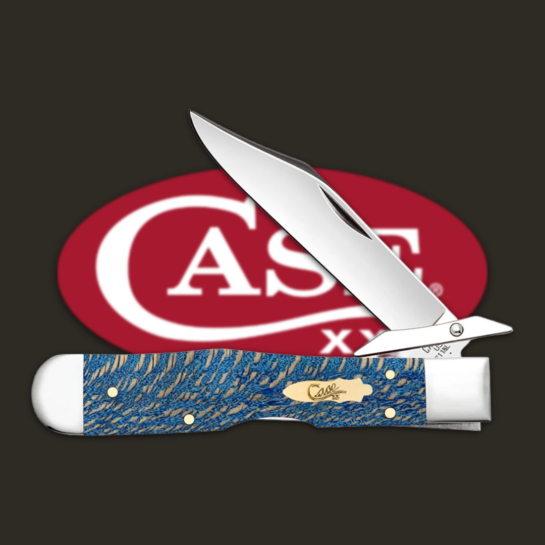 Folding knife with a blue handle and silver blade, next to a logo.