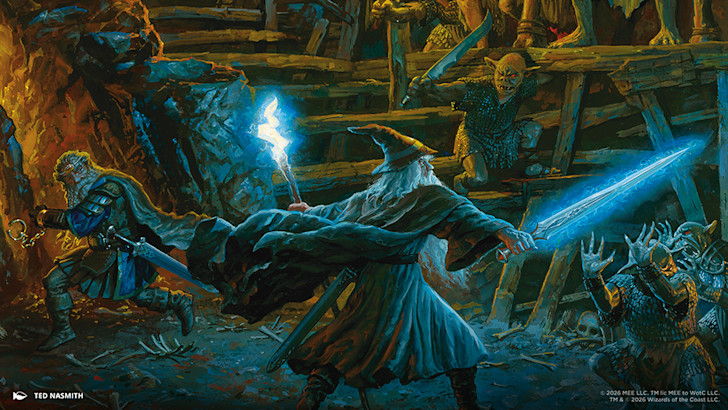 The Hobbit MTG Set: Lore & Deck Archetypes A wizard battles enemies in a mystical, dark cavern with glowing magic.