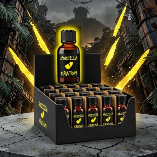 Display of kratom bottles in a dark, jungle-themed background.