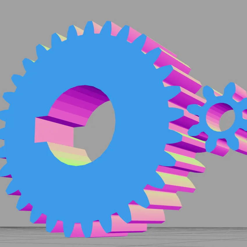 Rendering of two 3D gears, from the gear .STL generator