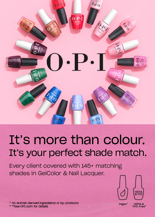Nail polish bottles arranged in a circle with promotional text for OPI.