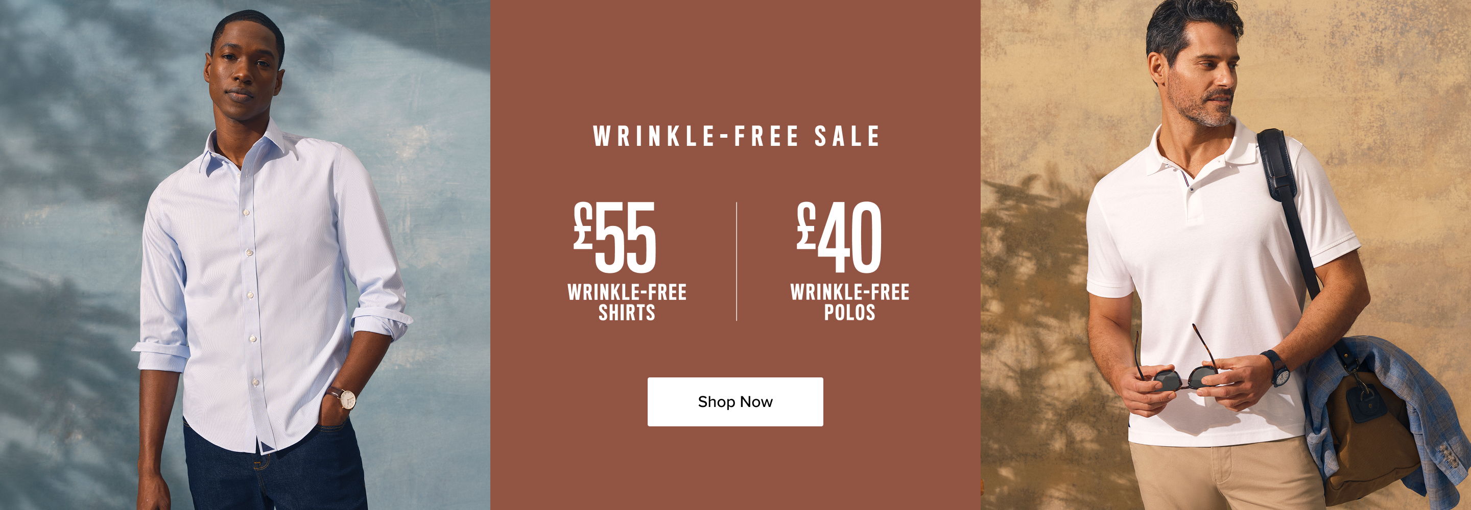 Two men in casual outfits promoting sale prices.