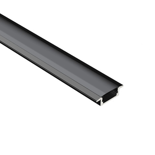 Black aluminum extrusion profile on a white background.