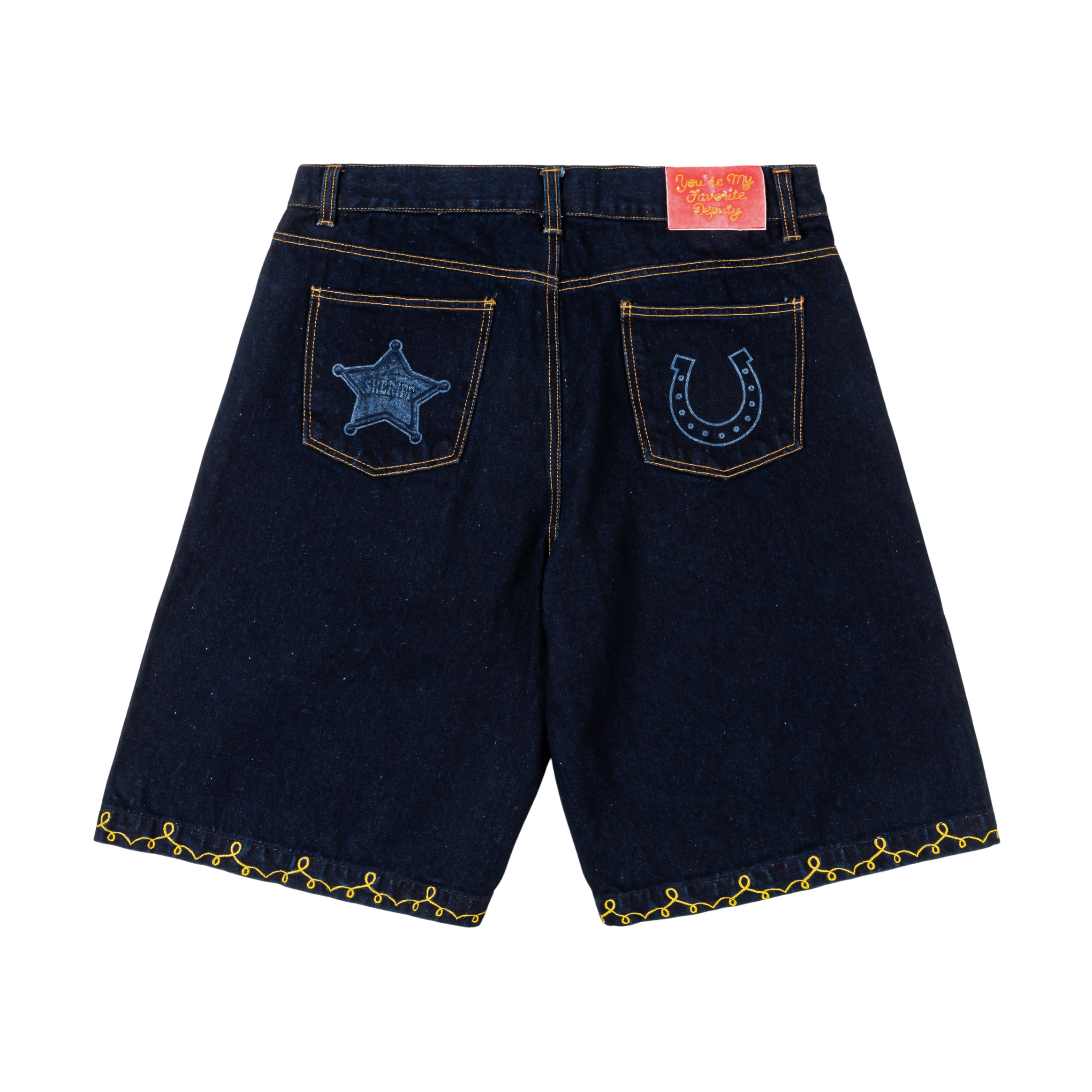Denim shorts with blue and yellow cartoon designs.