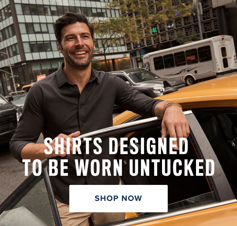 Man smiling next to a taxi, promoting untucked shirts.