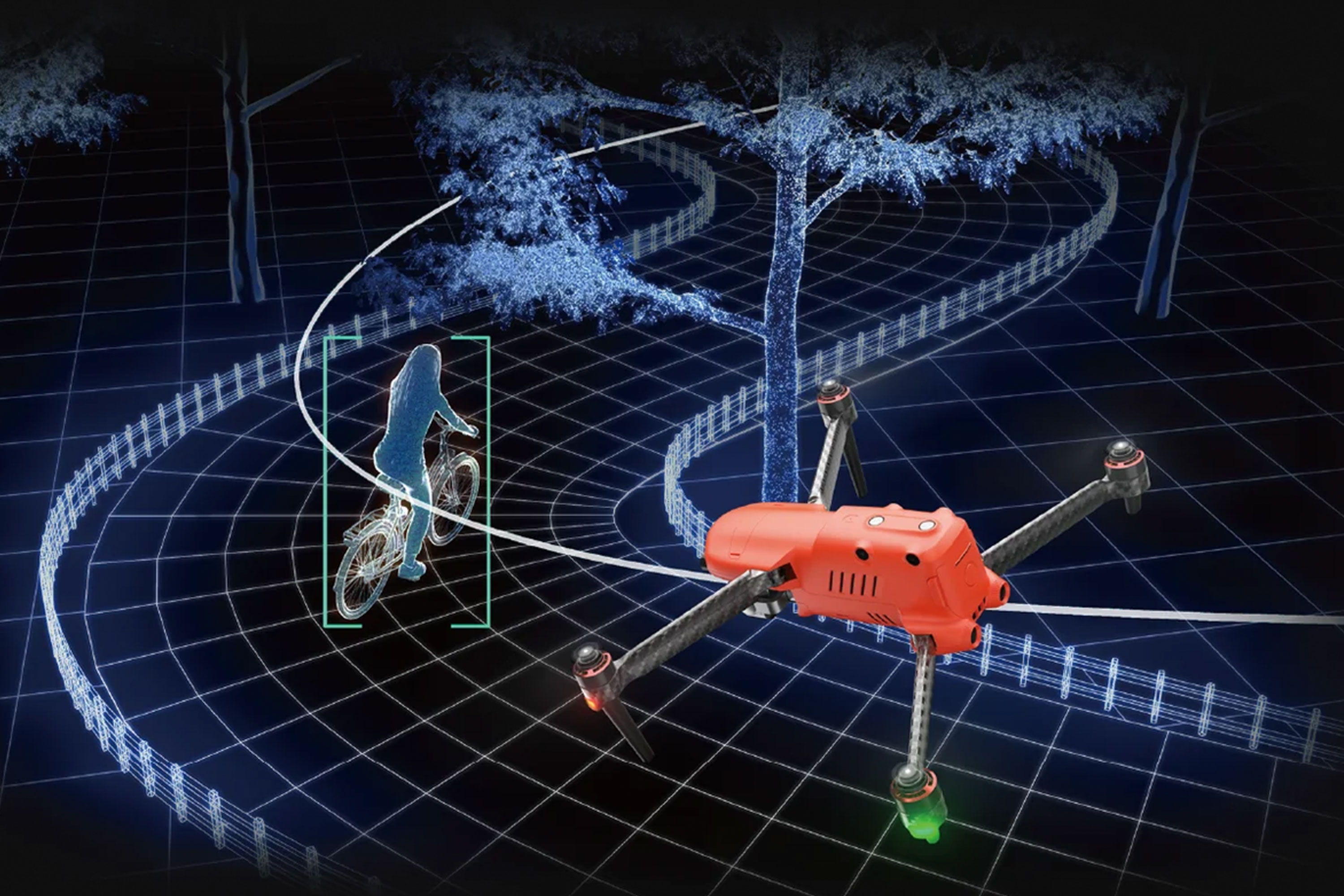 A drone navigating a curved path in a digital landscape.