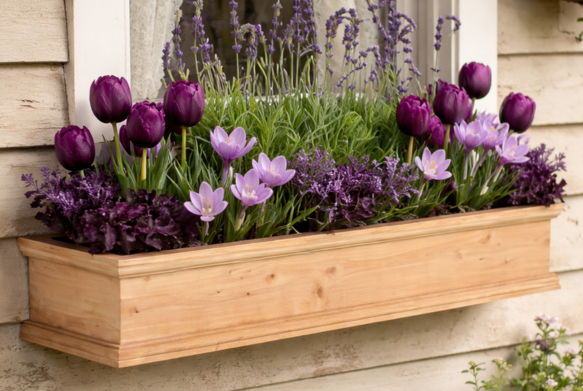 Wooden planter box with purple tulips and lavender flowers.