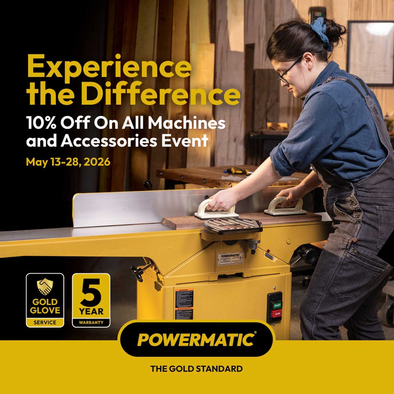 Promotional image for Powermatic's machines and accessories event with discount details.