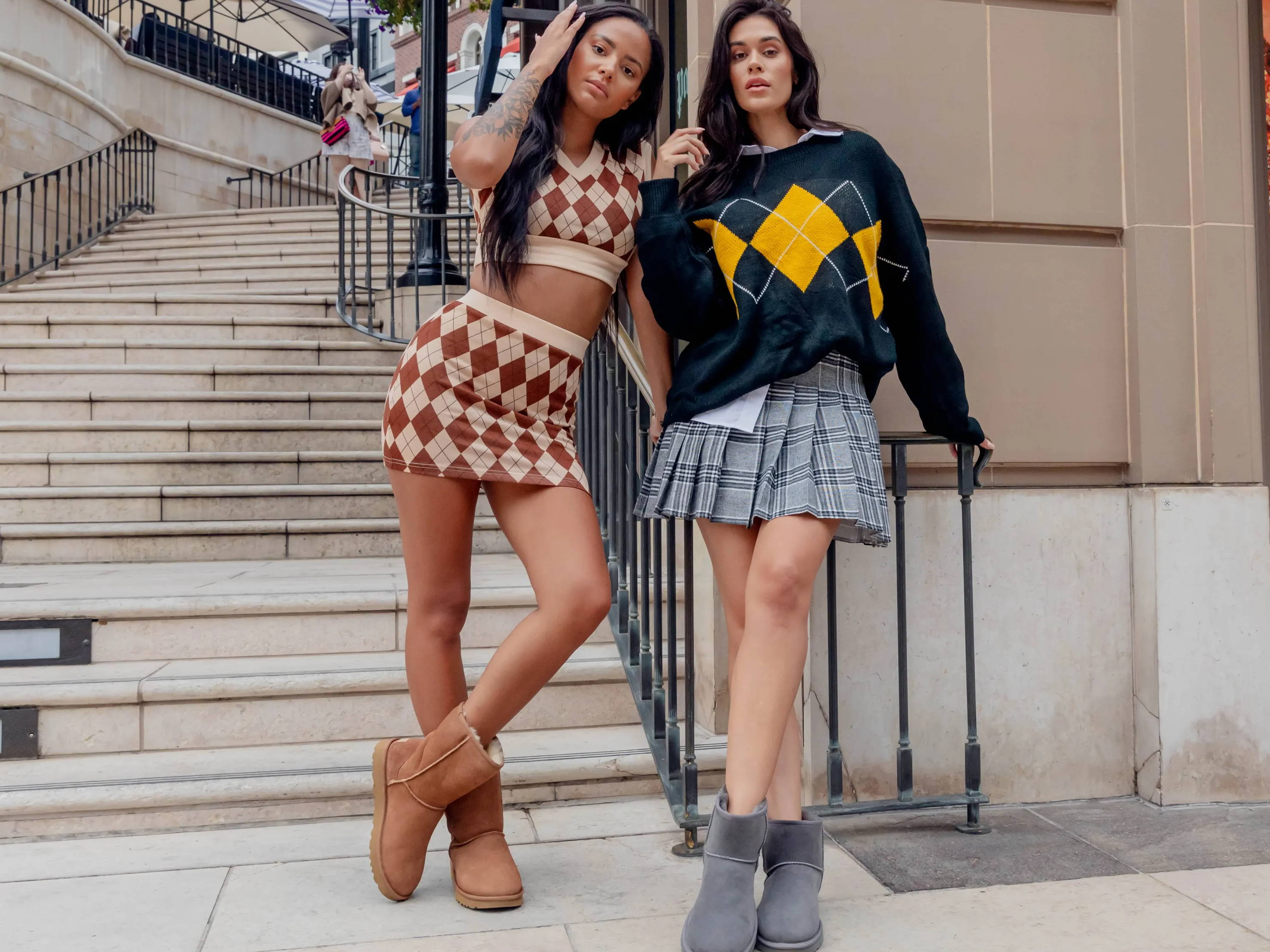 two female models on rodeo drive steps wearing ugg boots