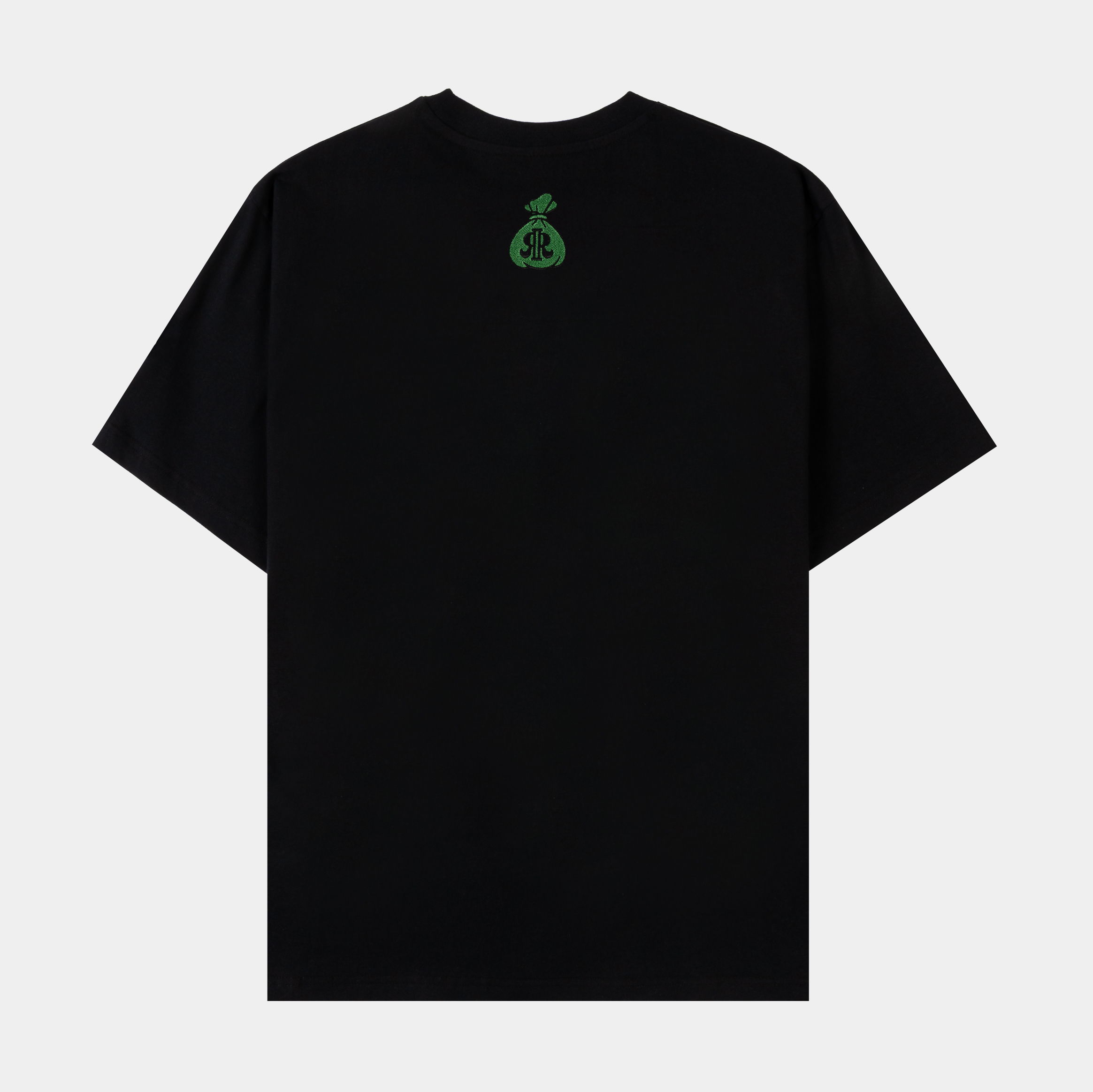 Black t-shirt with a green skull graphic design.